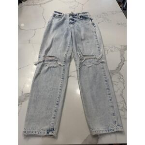 Zara Jeans Womens 4 Blue Acid Wash High Rise Straight Leg Ripped Knees Denim
